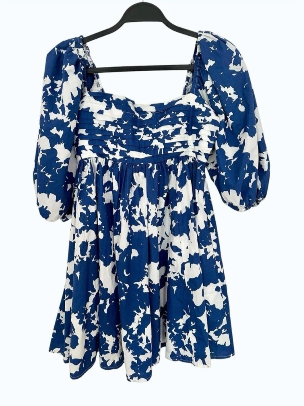 Abercrombie & Fitch Blue and White Puff-Sleeve Square-Neck Mini Dress